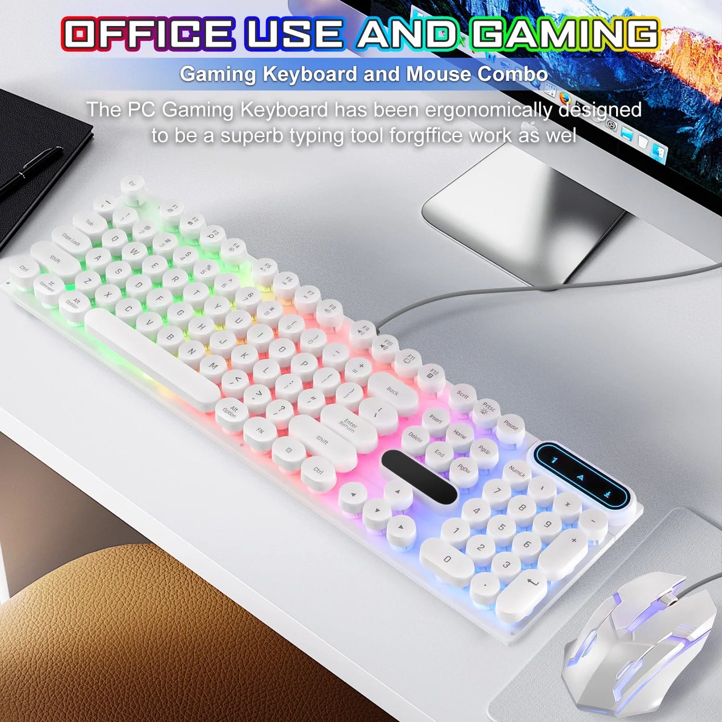 Gaming Keyboard and Mouse, Rainbow Backlit USB Wired Computer Mouse and Keyboard Combo, for Game, Office, White